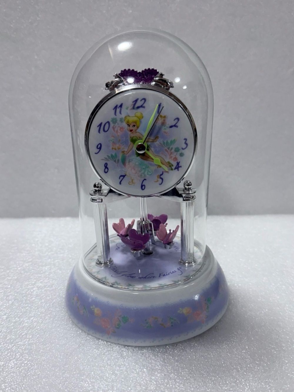 Vintage Tinker Bell Anniversary Clock Purple Floral Fairy Collectible Glass Dome